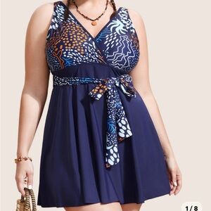 BloomChic Navy and Orange Patterned One Piece Swim Dress